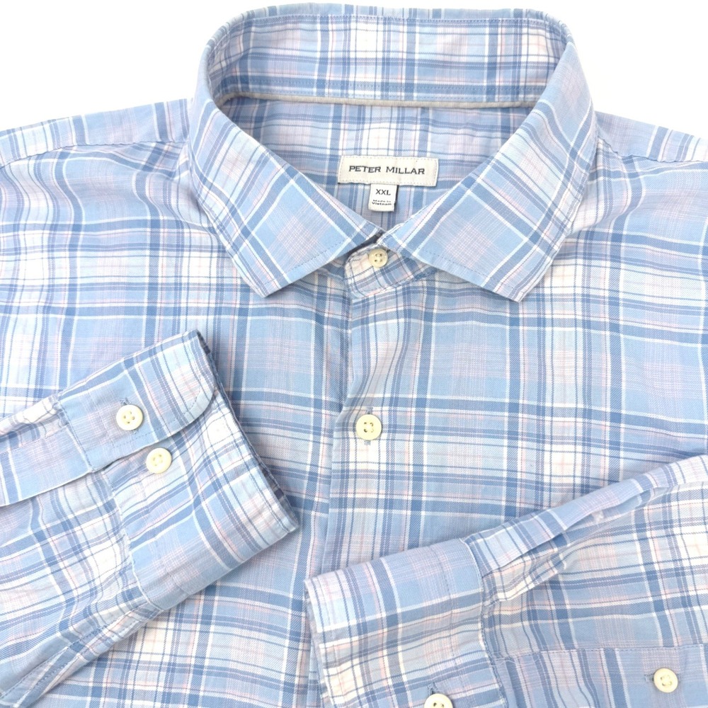 Peter Millar Mens XXL Blue Pink Plaid Long Sleeve 100% Cotton Button Down Shirt